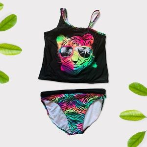 Girls OP 2 Piece Swimsuit Size XL 14-16 Modest swimwear Black w/ Rainbow Tiger